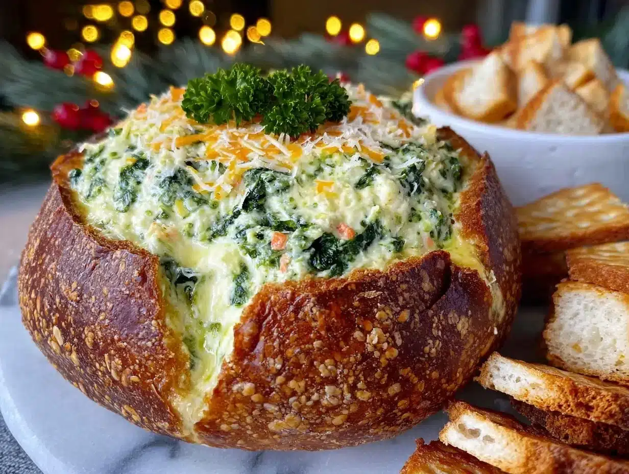 creamy spinach dip in bread bowl preparation steps