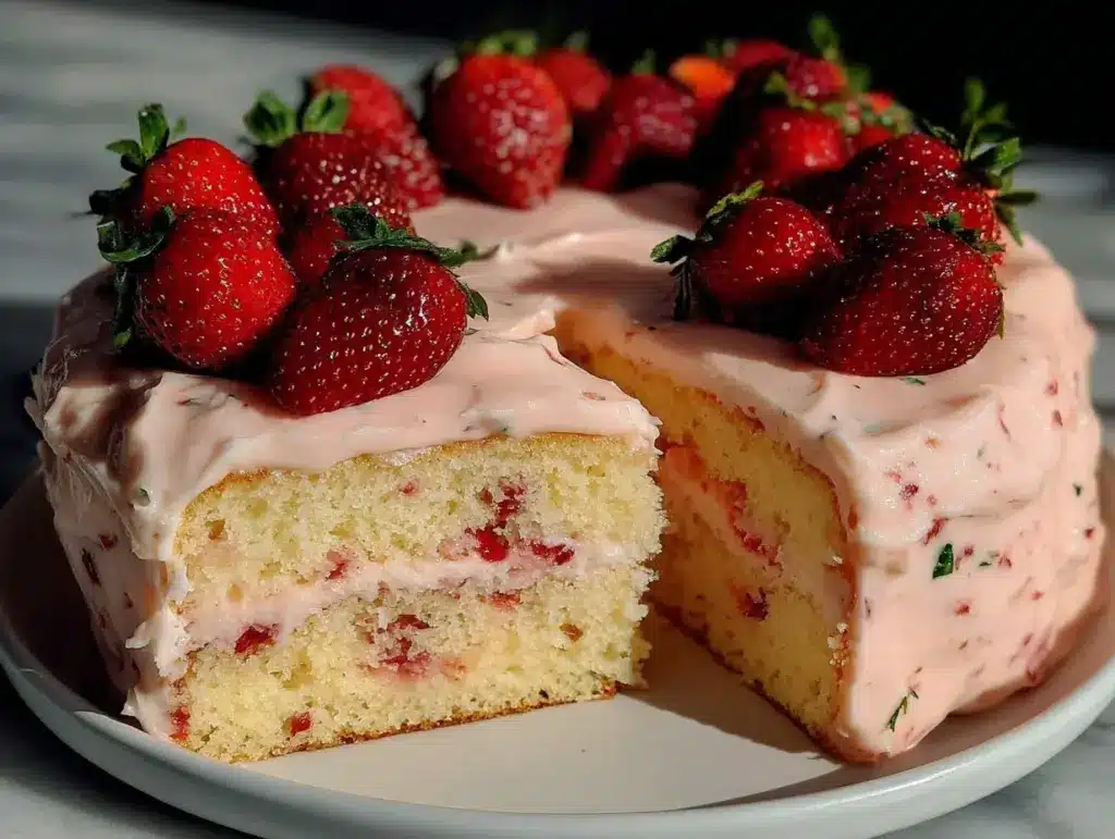 fluffy strawberry buttercream cake - featured image