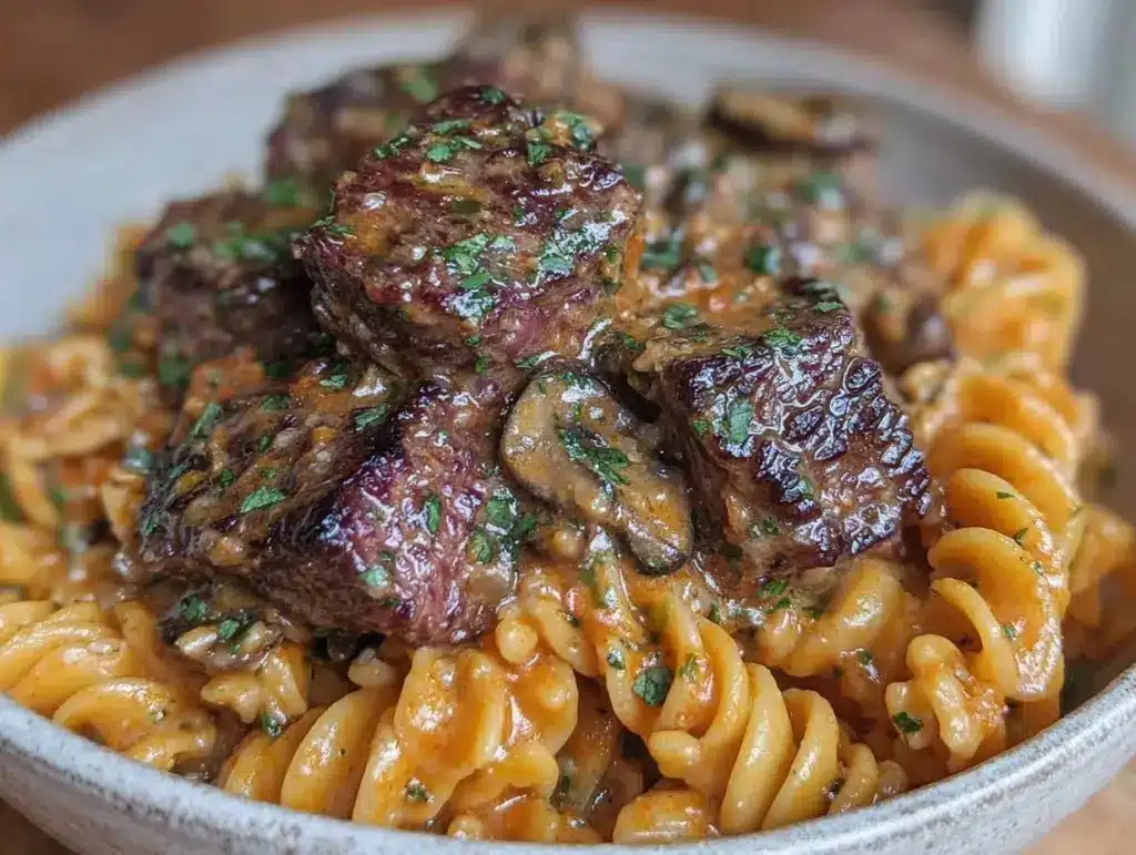 creamy beef stroganoff with egg noodles - featured image