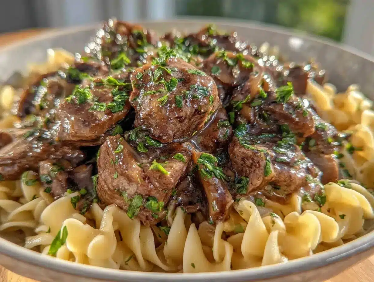 creamy beef stroganoff with egg noodles preparation steps