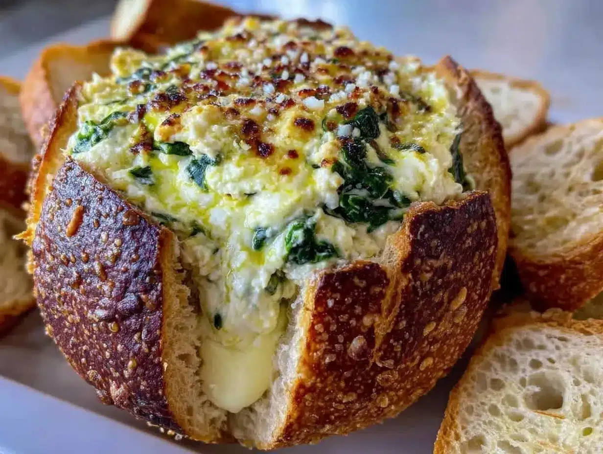 creamy spinach artichoke dip bread bowl preparation steps