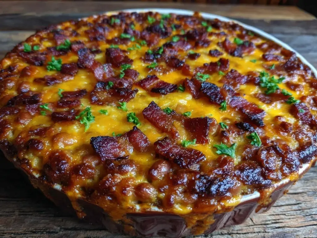 crispy bacon baked bean casserole - featured image