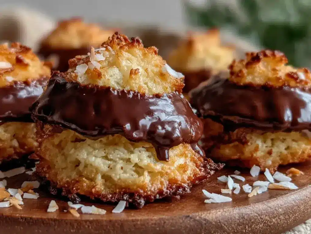 crispy coconut macaroons dipped in chocolate - featured image