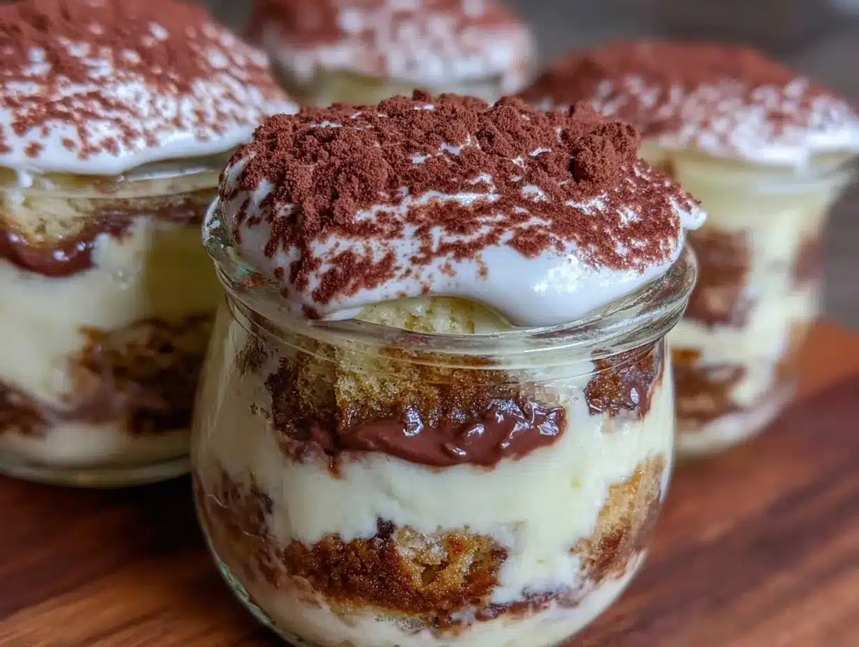 creamy coffee tiramisu in Mason jars preparation steps