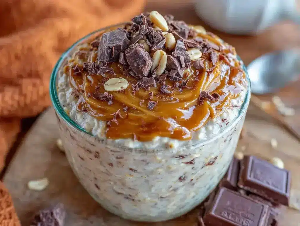 creamy overnight oats with peanut butter and dark chocolate - featured image