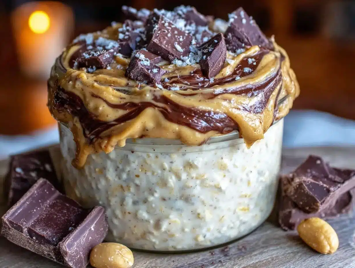 creamy overnight oats with peanut butter and dark chocolate preparation steps