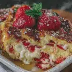 creamy strawberry cream cheese stuffed french toast casserole - featured image