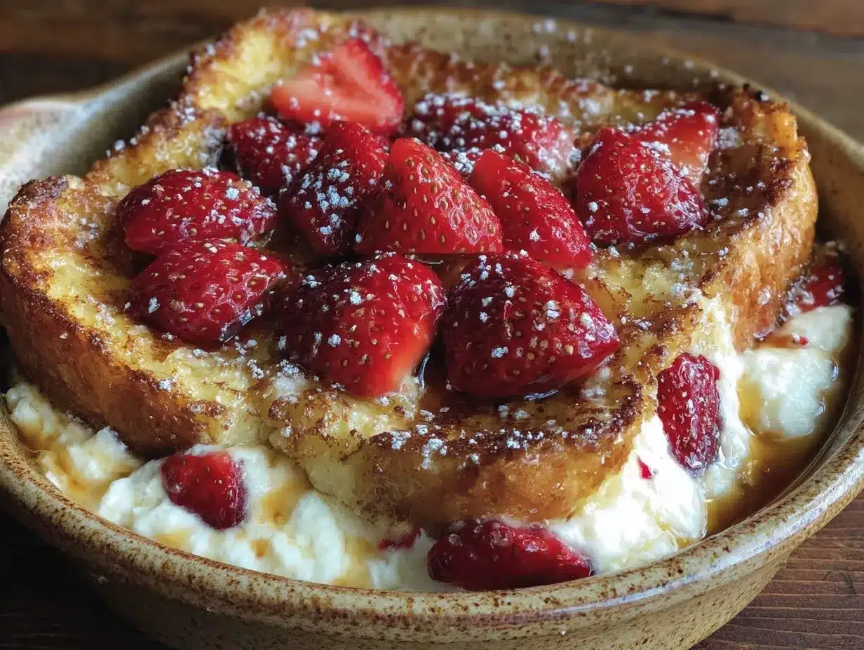 creamy strawberry cream cheese stuffed french toast casserole preparation steps