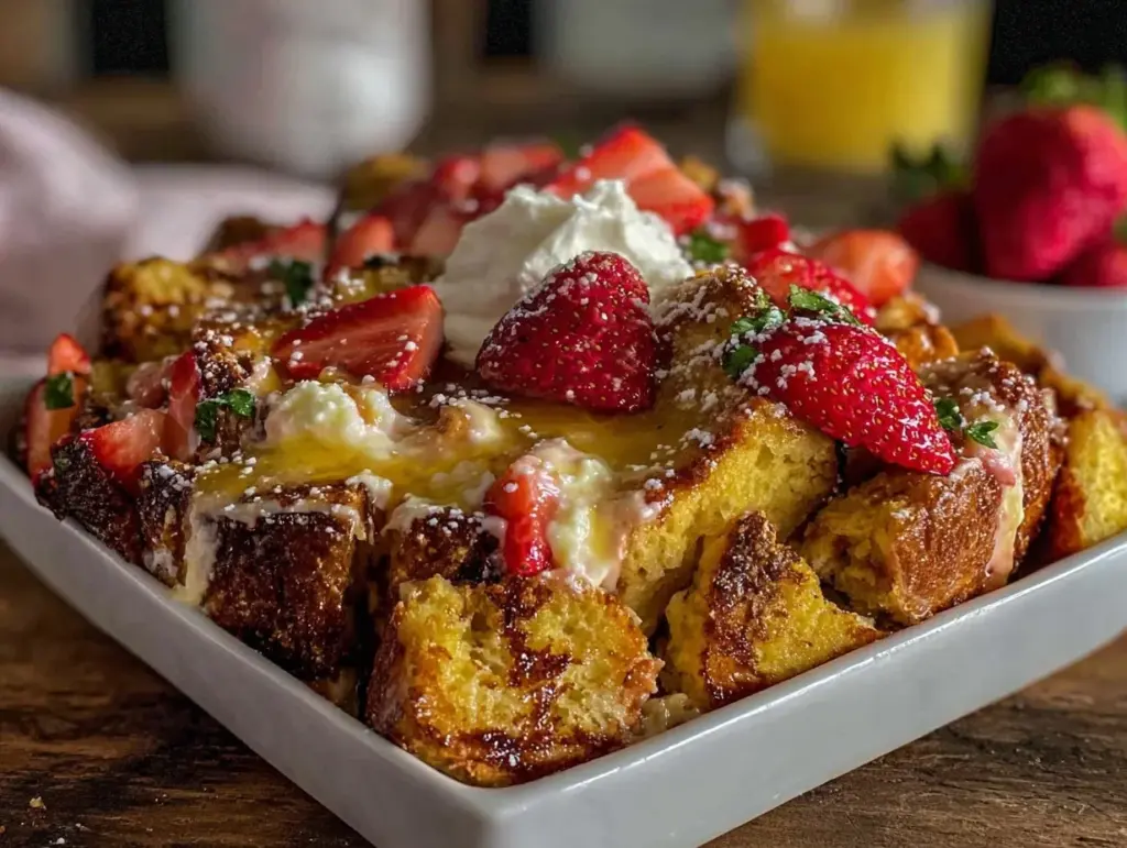 creamy strawberry shortcake french toast bake - featured image