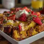creamy strawberry shortcake french toast bake - featured image