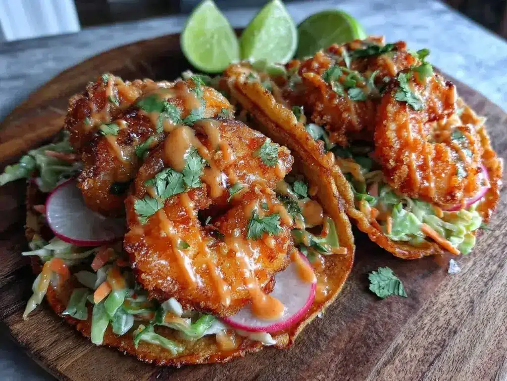 crispy air fryer bang bang shrimp tacos - featured image