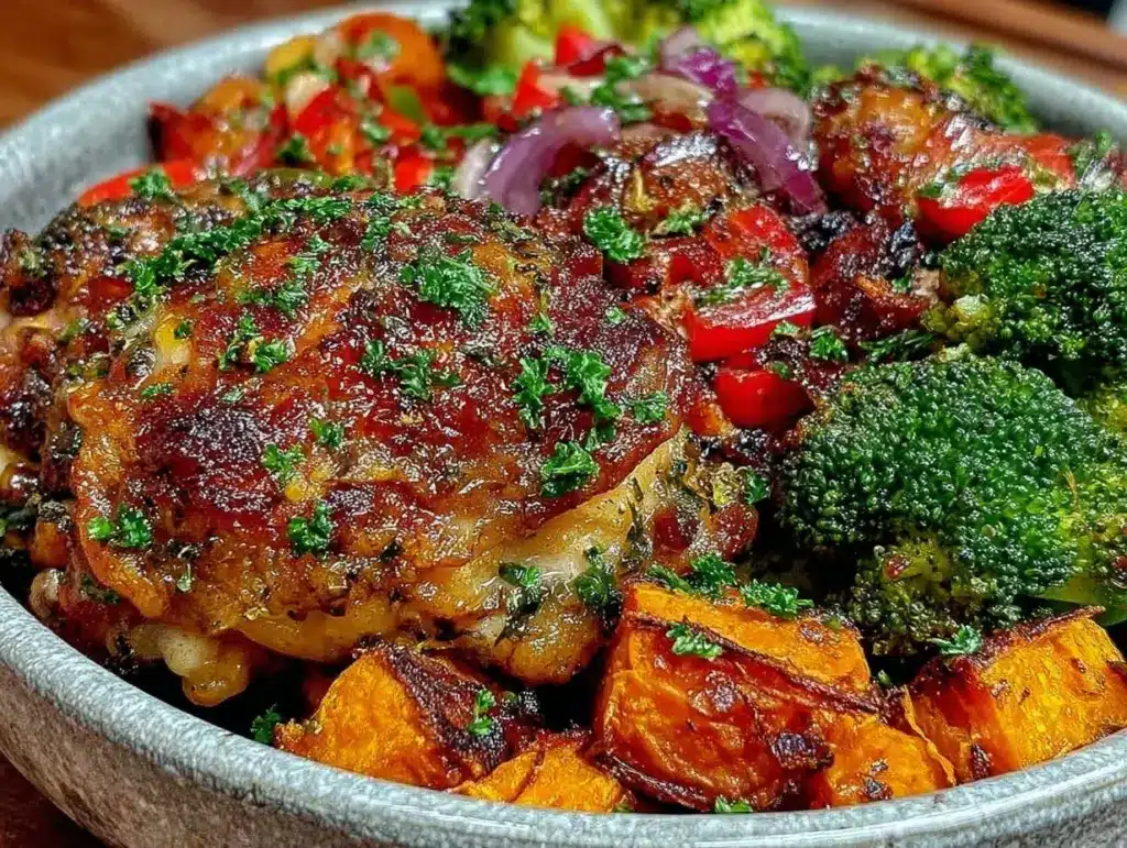 crispy chicken and sweet potato sheet pan bowls - featured image