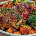 crispy chicken and sweet potato sheet pan bowls - featured image