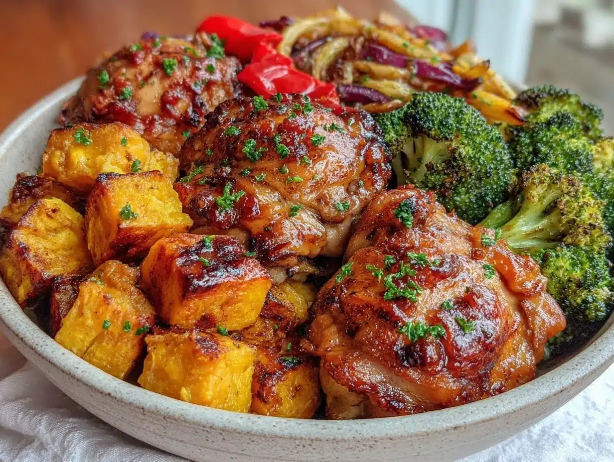 crispy chicken and sweet potato sheet pan bowls preparation steps