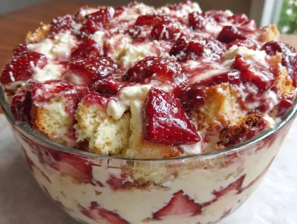 easy creamy strawberry shortcake trifle - featured image