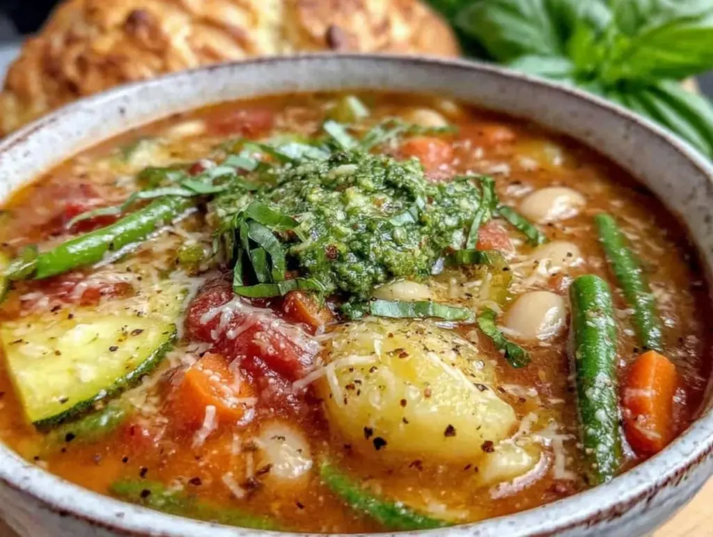 fresh spring vegetable minestrone with basil pesto - featured image