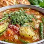 fresh spring vegetable minestrone with basil pesto - featured image