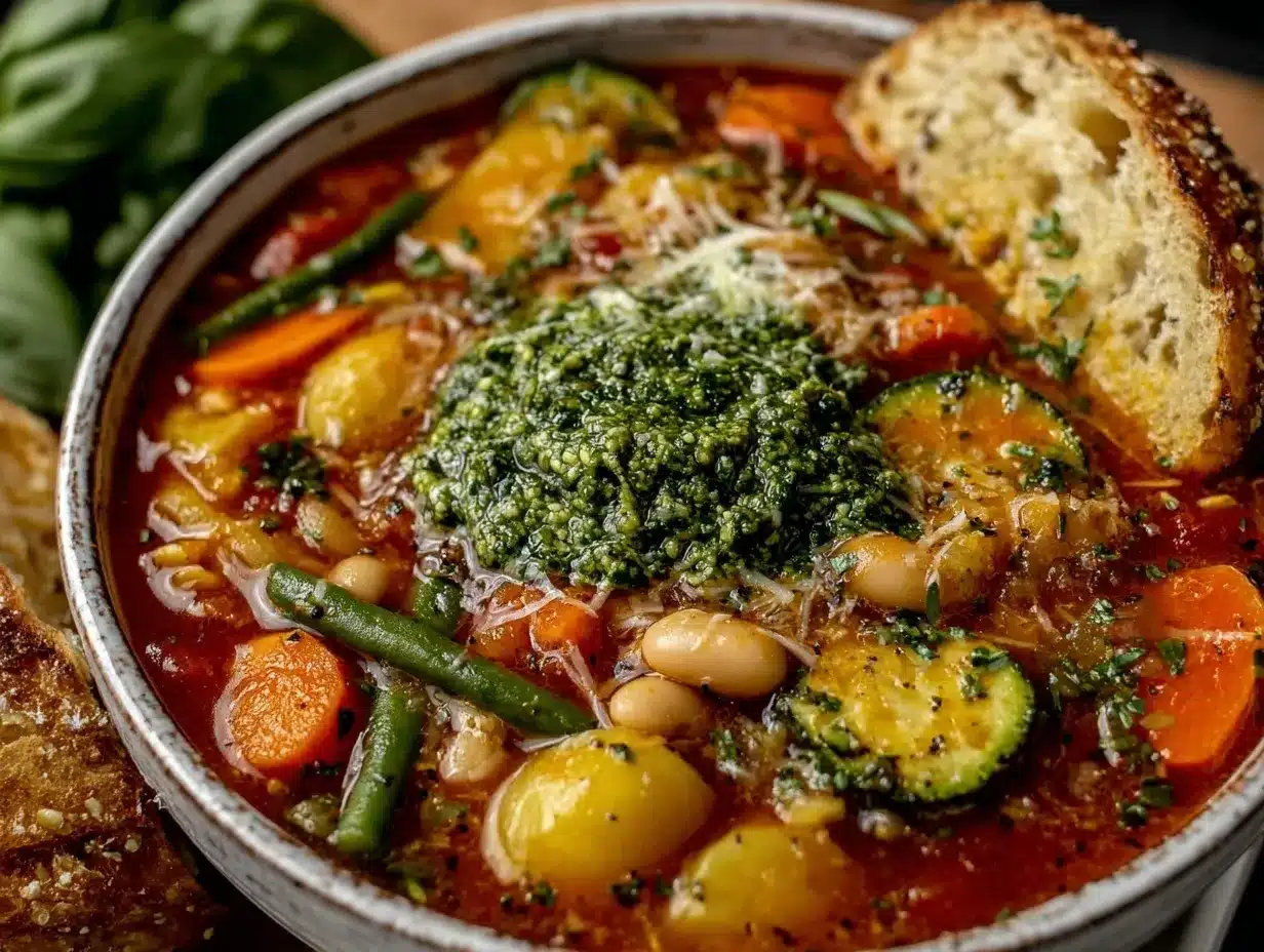 fresh spring vegetable minestrone with basil pesto preparation steps