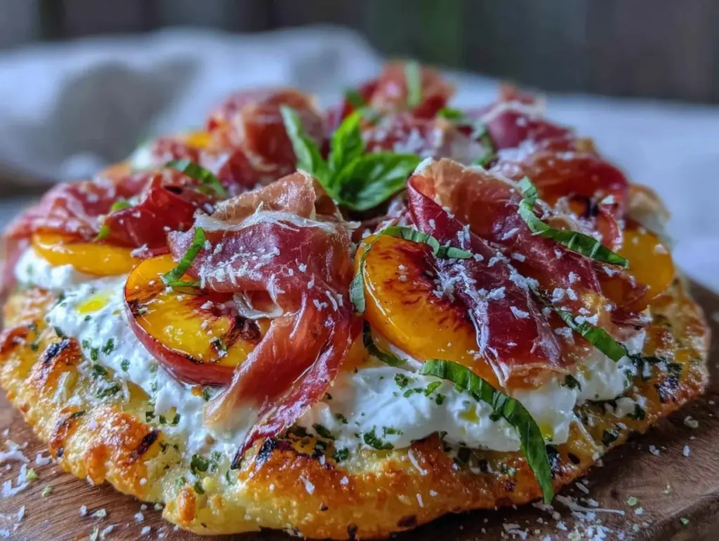 grilled peach and prosciutto flatbread - featured image