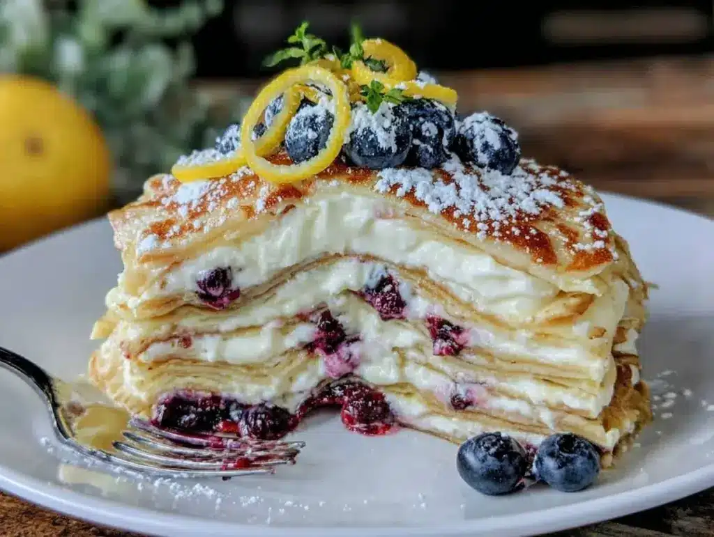 lemon blueberry crepe cake - featured image