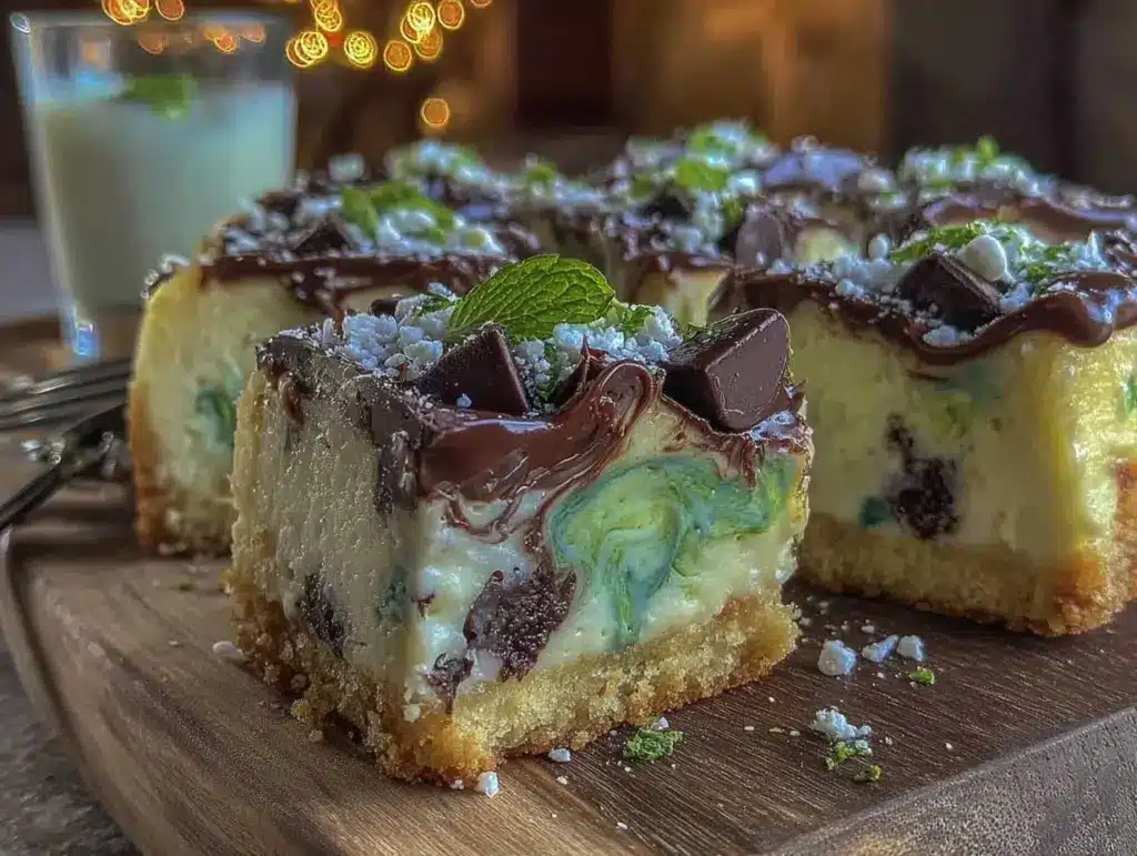 mint chocolate chip shamrock shake cheesecake bars - featured image