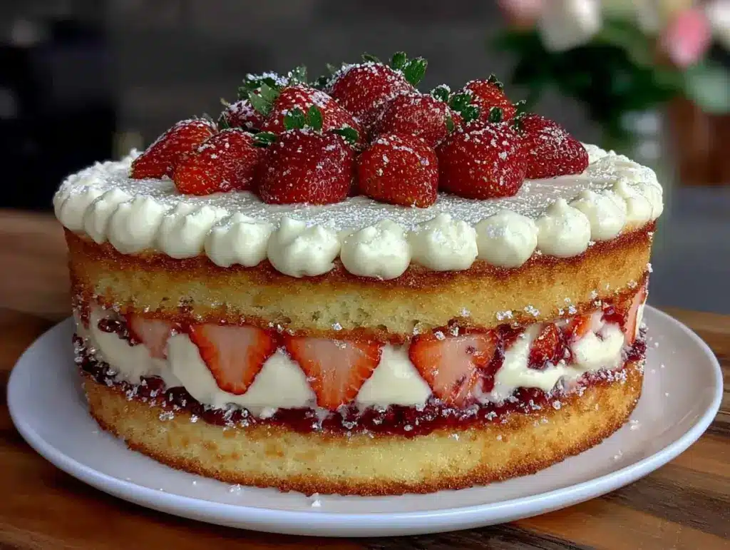 perfect strawberry champagne layer cake - featured image