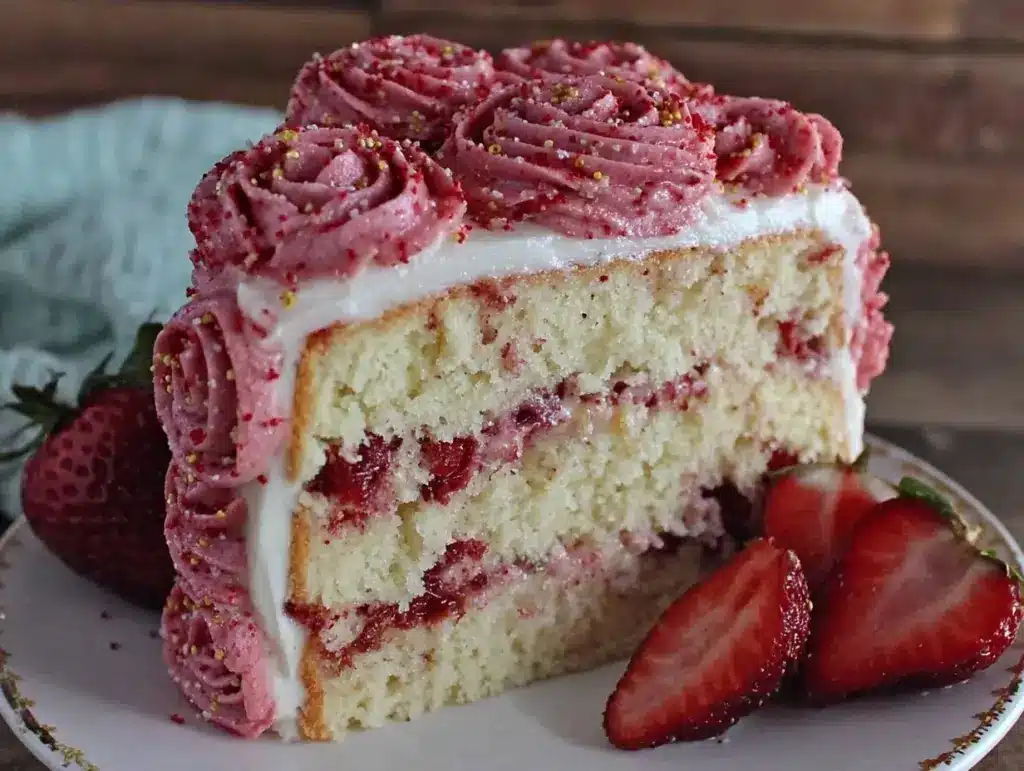 strawberry rose layered cake - featured image