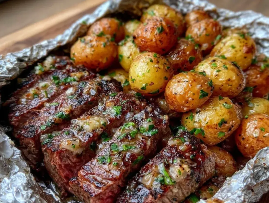 tender garlic butter steak and potatoes foil packet - featured image