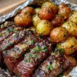 tender garlic butter steak and potatoes foil packet - featured image