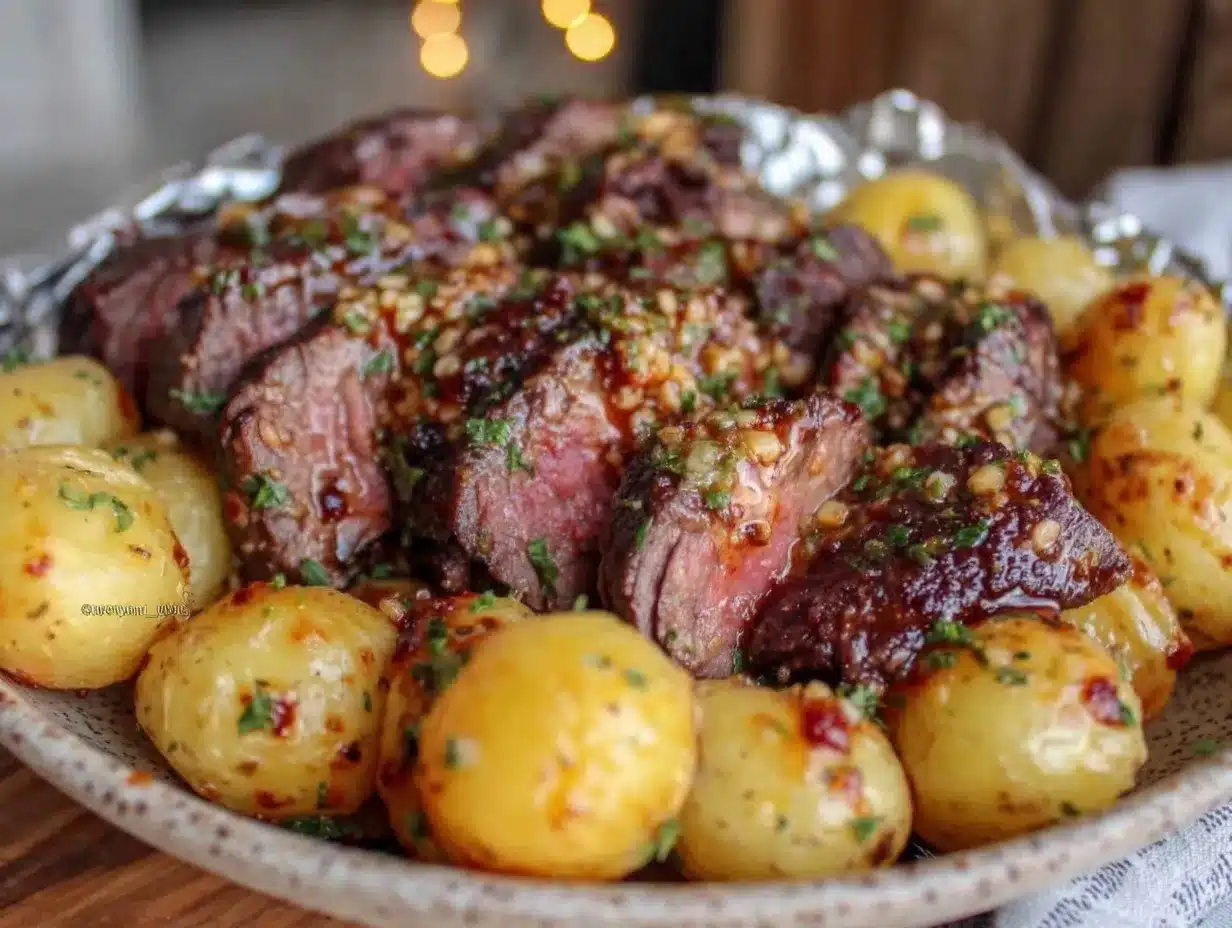 tender garlic butter steak and potatoes foil packet preparation steps