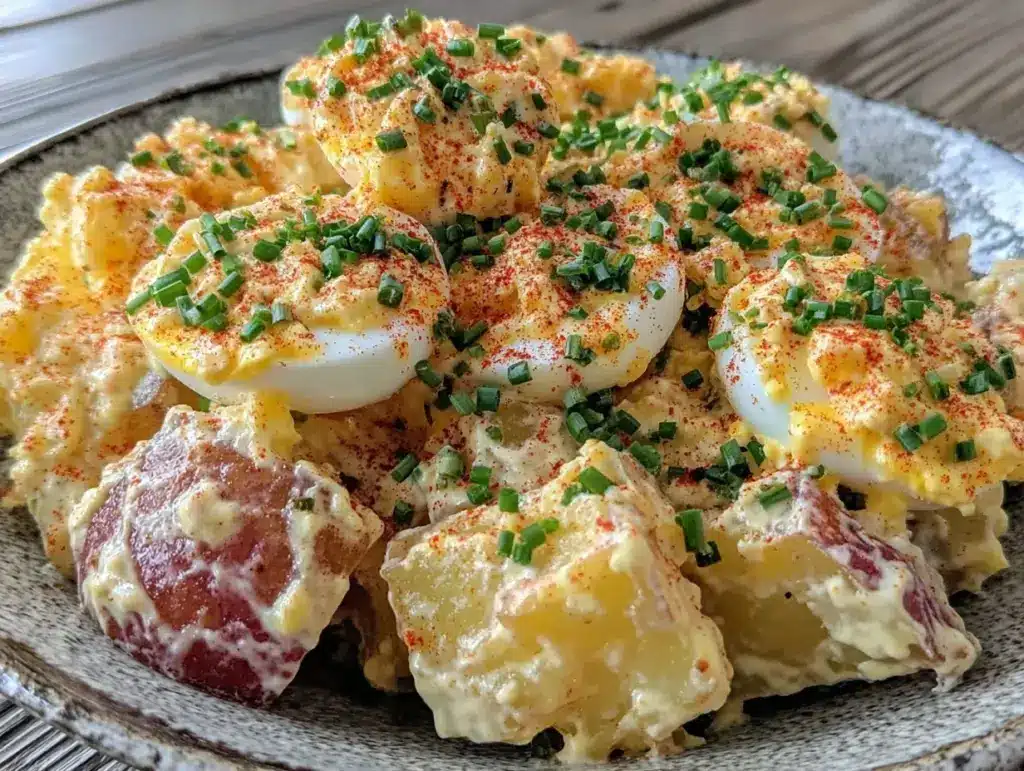 creamy classic deviled egg potato salad - featured image